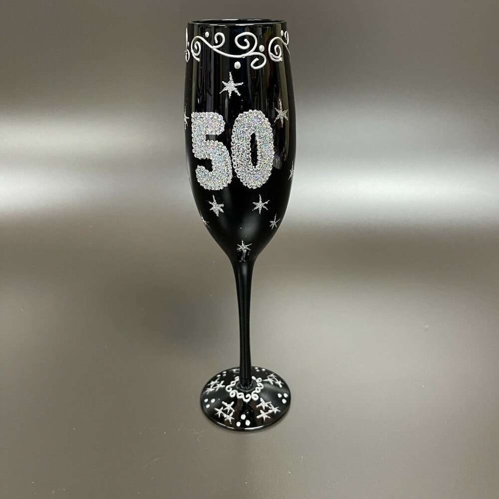 Champagne Flute 50 50th Anniversary Birthday Black Silver‎ 9 1/2" High